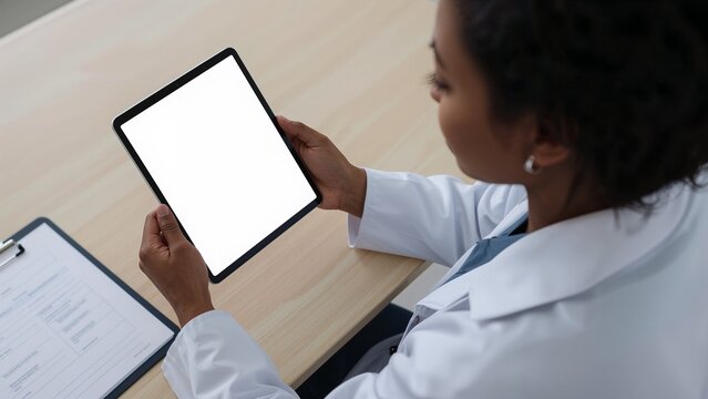 African American female doctor using a digital tablet with blank screen for medical information - Powered by Adobe