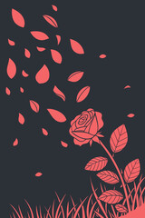 Sophisticated vector illustration of red rose petals falling on pure black background with elegant romantic atmosphere, perfect for luxury wedding branding and high-end interior design projects  