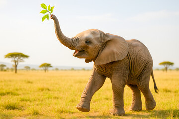 Obraz premium High-Resolution Ultra-Realistic Photo of a Playful Baby Elephant Holding a Leaf with Its Trunk on the African Savanna – Capturing the Innocence, Curiosity, and Beauty of Wildlife in Natural Plains