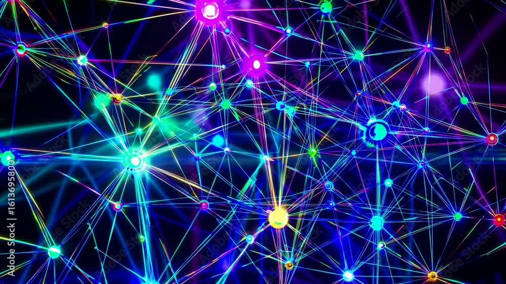 Poster stunning illustration of interconnected lights representing a virtual neural network, ideal for inno