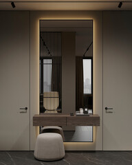 Elegant hallway with a large mirror framed by soft lighting, creating a sophisticated and minimalist entrance space