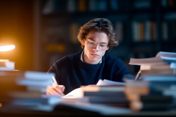 A young man wearing glasses studies intently, surrounded by stacks of books in a dimly lit room.