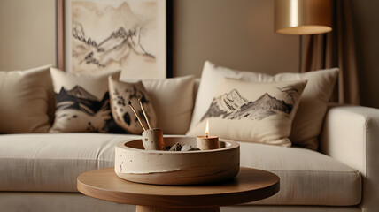 Cozy Corner: A meticulously designed living room showcases a neutral-toned sofa adorned with decorative pillows featuring a mountain theme, a wooden side table, a serene centerpiece.