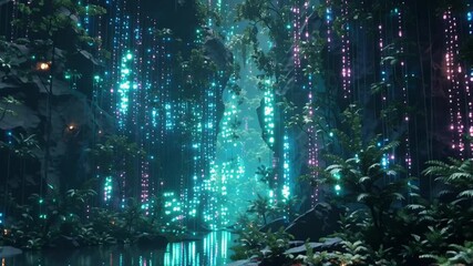 rainforest glowing servers data leaves, waterfalls of code, fiber optic rivers, glowing drone fireflies, floating code clouds sky, digital nature ecosystem sci-fi aesthetic, lush green and neon hues - Powered by Adobe