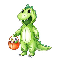 Obraz premium Adorable dinosaur in a green costume carries a pumpkin basket brimming with colorful candies. A cheerful Halloween treat scene.