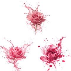Three pink roses with water splashes isolated on transparent background create a fresh and romantic feeling
