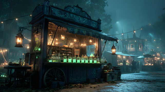Spooky food cart at a Halloween festival serving eerie bat-wing churros glowing green drinks