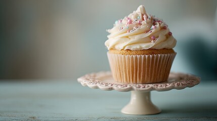 Creamy cupcake with sprinkles on a stand