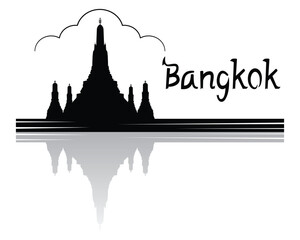 Illustration vector of Bangkok Thailand symbol Wat Arun Ratchawararam Ratchawaramahawihan temple of dawn with famous prang or pagoda along chao phraya river drawing in black and white