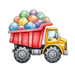 Colorful stones fill a cheerful yellow and red toy dump truck. A whimsical watercolor illustration perfect for childrens books or playful designs.