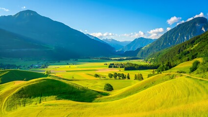 Fototapeta premium Vibrant green rolling hills with majestic mountains under a clear blue sky