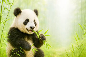 Obraz premium High-Resolution Ultra-Realistic Image of a Playful Giant Panda Sitting in a Bamboo Forest While Munching on a Fresh Bamboo Shoot – Ideal for Showcasing Wildlife Cuteness, Endangered Species Awareness
