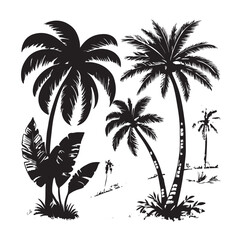 Hand drawn palm tree doodle element set. Green Hawaiian clipart, isolated summer vacation collection in vintage art style. Tropical plant painting illustration