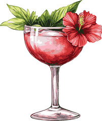 Red Hibiscus Cocktail with Green Leaf Garnish in Elegant Glass – Summer Floral Beverage Photography for Botanical Drink Brands and Wellness Marketing