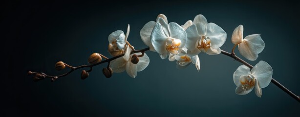 Delicate white orchid in dark studio