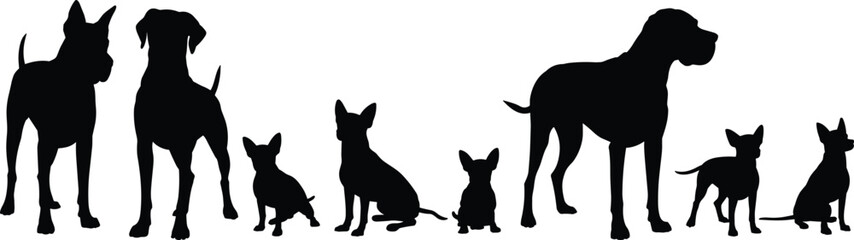 Multiple dogs silhouette, group of pets illustration, black animal vector, sitting and standing dogs, puppy collection clipart, domestic dog pack design