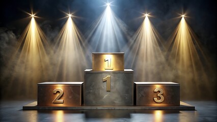 A victory podium with illuminated numbers 1, 2, and 3 is set against a dramatic spotlighted background