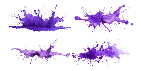 Four purple paint splashes isolated on transparent background create a vibrant and artistic abstract design