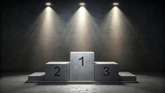 A victory podium with three tiers, illuminated by spotlights