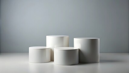 Four clean white cylindrical podiums arranged for product display