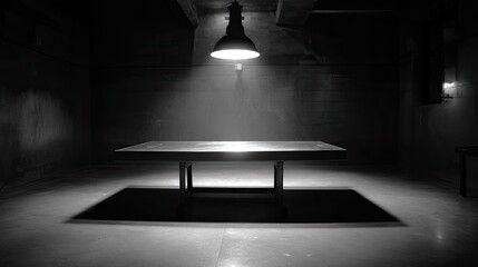 Empty, stark table in a dark room