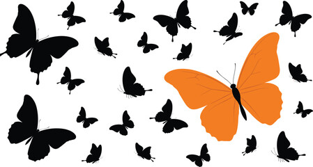 Orange butterfly among black silhouettes, symbol of uniqueness, diversity, transformation, nature’s beauty, peaceful design, creative contrast, artistic wildlife, graphic element