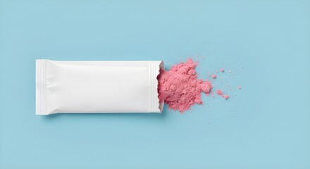 Blank sachet with spilled pink powder on blue background. Ideal for supplement, drink mix, or cosmetic packaging mockups. Clean, minimal, and top view layout. 