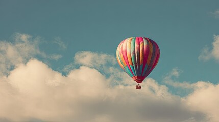Colorful hot air balloon floats in a cloudy sky