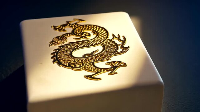 Close-up of a Mahjong Tile with Golden Dragon Design Slowly Rotating in Studio Light creating