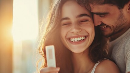 A happy white couple hugs against the background of sunlight, a woman holds a pregnancy test and smiles broadly, rejoicing at the joyful news about the future replenishment of the family.