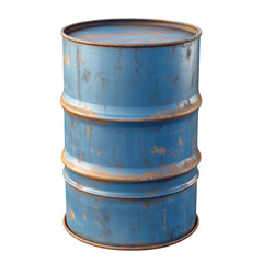 Weathered blue metal barrel with rust and texture on a white background