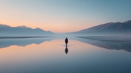 Tranquil figure walks a mirrored lake at sunrise