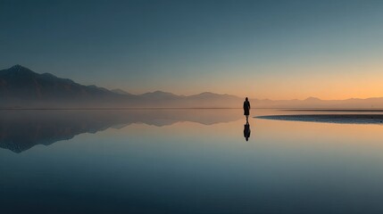 Silhouetted figure walks tranquil shoreline at sunrise, mirrored reflection
