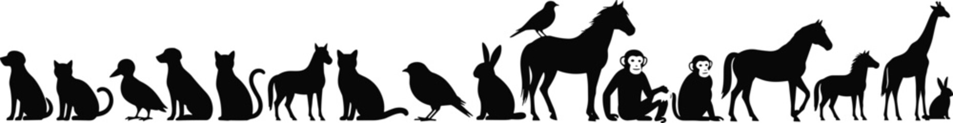 Silhouette of animals and humans, black vector illustration, species diversity, pets and wildlife, educational design, creative concept, row scene