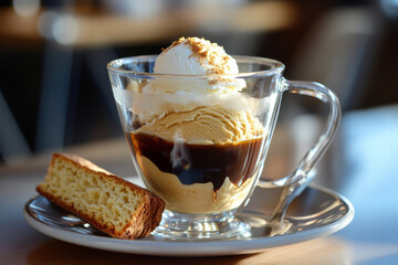 A cup of ice cream with a brownie on the side