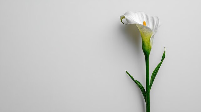 Single white Calla lily on light gray background