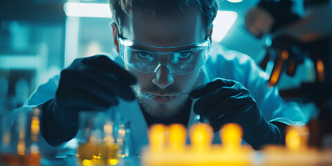 Scientist working with chemical substances in laboratory, Lab technician mixing liquids in laboratory for research, Close-up of researcher working with chemicals in lab

