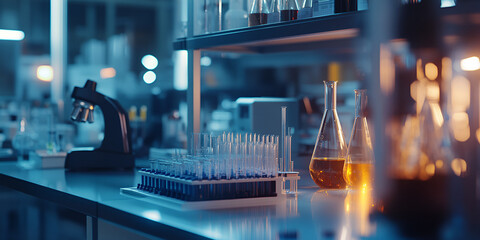 Laboratory counter with test tubes, glassware, and microscope, Scientific equipment arranged on laboratory bench, Clean and organized medical laboratory workspace

