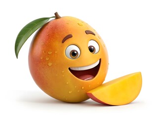 Cute cartoon mango fruit character with slice and smiling face