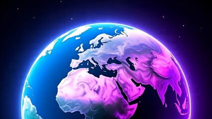 A bright image of Earth from space, glowing against a purple and blue background. Earth, space, and color create a stunning cosmic display. Earth and space in a harmonious backdrop.