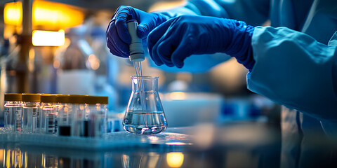 Scientist adding liquid to glassware in laboratory, Laboratory technician filling flask with liquid, Close-up of researcher working in science lab

