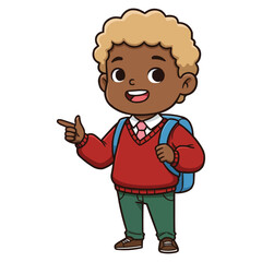 Naklejka premium Happy schoolboy with backpack pointing to the side