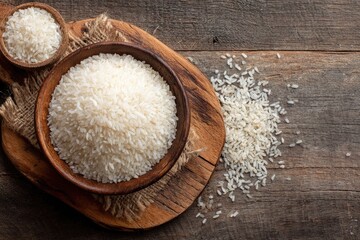 White rice in a wooden bowl on a rustic wooden surface