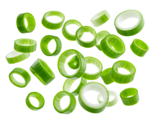 Flying chopped green onion rings in mid-air, isolated on transparent background PNG