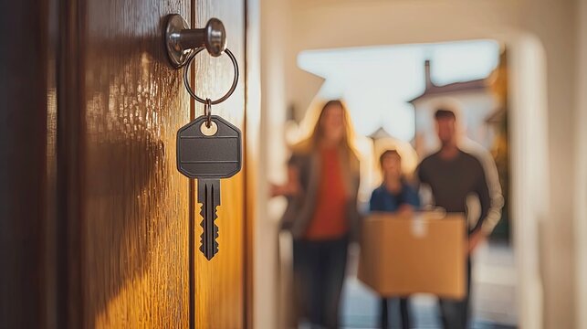 A family stands at the entrance of a home, holding a cardboard box. A key hangs from the door, symbolizing new beginnings and moving in.