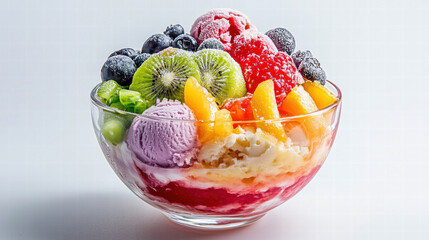 A bowl of fruit and ice cream with a colorful swirl of pink, purple, and yellow