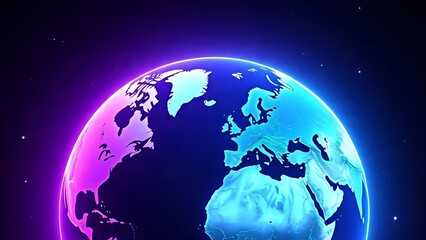A bright image of Earth from space, glowing against a purple and blue background. Earth, space, and color create a stunning cosmic display. Earth and space in a harmonious backdrop.