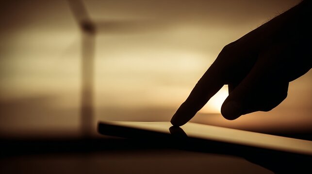 Silhouette of a hand touching a smartphone screen against a sunset backdrop featuring a wind turbine, symbolizing technology's role in sustainable energy solutions