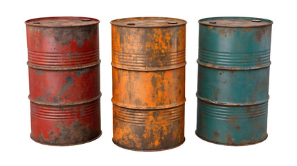 Old rusty metal oil barrel set isolated on white or transparent background