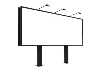 Large-scale, empty rectangular display panel with sleek black metal frame & two symmetrical black support poles, isolated on a transparent seamless background with bright studio lighting. Concept